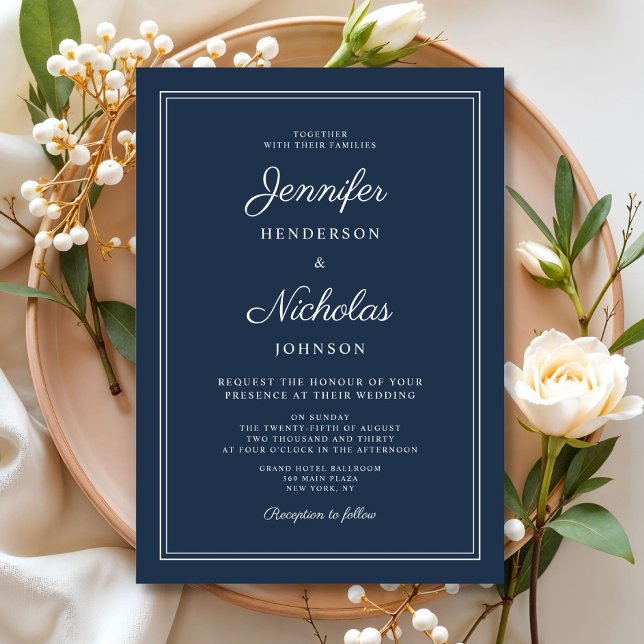 Convite Casamento de Script Azul do Marinho Elegante (Elegant Navy Blue Script Wedding Invitation)