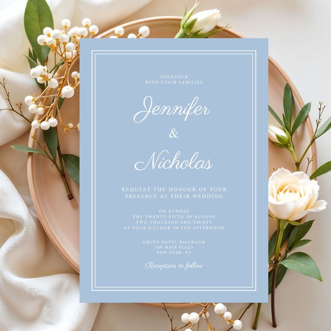 Convite Casamento de Script Azul em Pó Moderno Elegante (Elegant Modern Powder Blue Script Wedding Invitation)