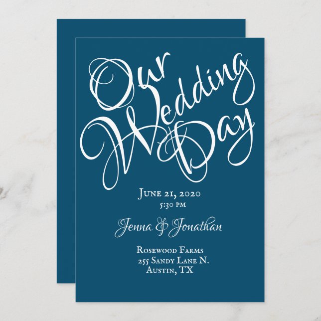 Convite Casamento de Script Branco Azul (Frente/Verso)
