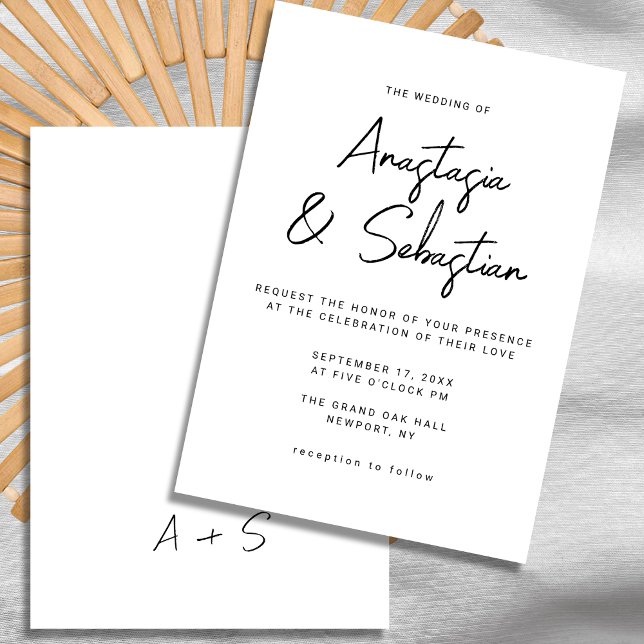 Convite Casamento de Script Branco e Preto Elegante Modern (Modern Elegant Black & White Script Wedding Invitation)