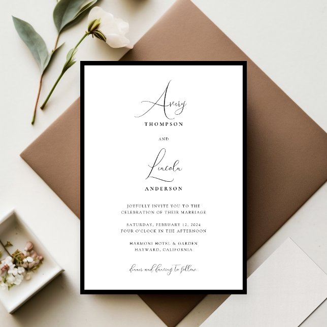 Convite Casamento de Script Branco e Preto Elegante Simple (Criador carregado)