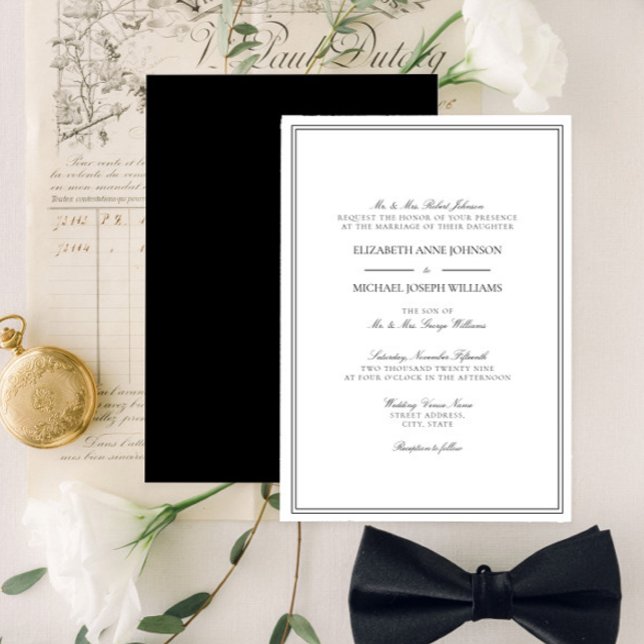 Convite Casamento de Script Branco e Preto Formal Clássico (Criador carregado)