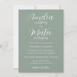 Convite Casamento de Script Branco Minimalista Verde Sage