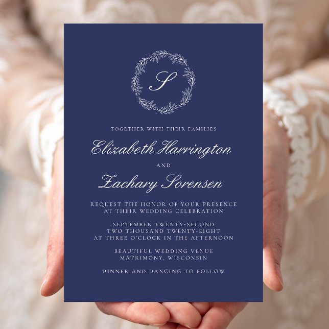 Convite Casamento de Script Branco Monograma Azul marinho  (Criador carregado)