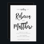 Convite Casamento de Script Branco Negro Minimalista Moder<br><div class="desc">Um convite de casamento elegante moderno com letra de script que dá uma sensação manuscrita para os nomes do cônjuge e fonte de serifa elegante para as suas informações de casamento. Todos os textos e cores (fundo e texto) podem ser alterados se você quiser - use a ferramenta design para...</div>