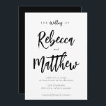 Convite Casamento de Script Branco Negro Minimalista Moder<br><div class="desc">Um convite de casamento elegante moderno com letra de script que dá uma sensação manuscrita para os nomes do cônjuge e fonte de serifa elegante para as suas informações de casamento. Todos os textos e cores (fundo e texto) podem ser alterados se você quiser - use a ferramenta design para...</div>