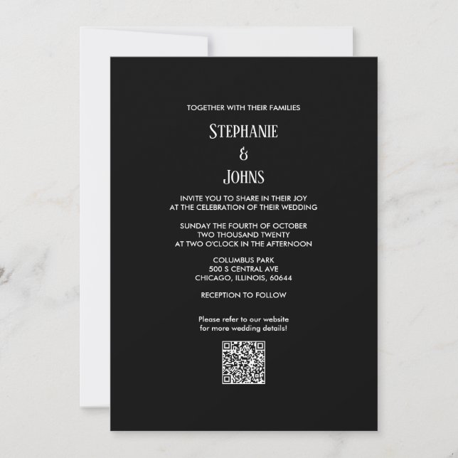 Convite Casamento de Script Branco Preto com Código QR Min (Frente)