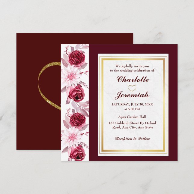 Convite Casamento de Script Brilhante Rosa Dourado Floral (Frente/Verso)