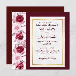 Convite Casamento de Script Brilhante Rosa Dourado Floral