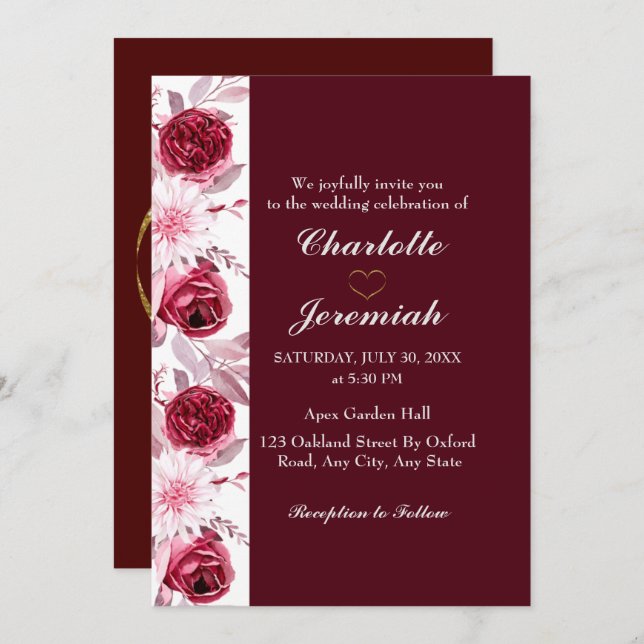 Convite Casamento de Script Burgundy Rosa Rosa Blush Elega (Frente/Verso)