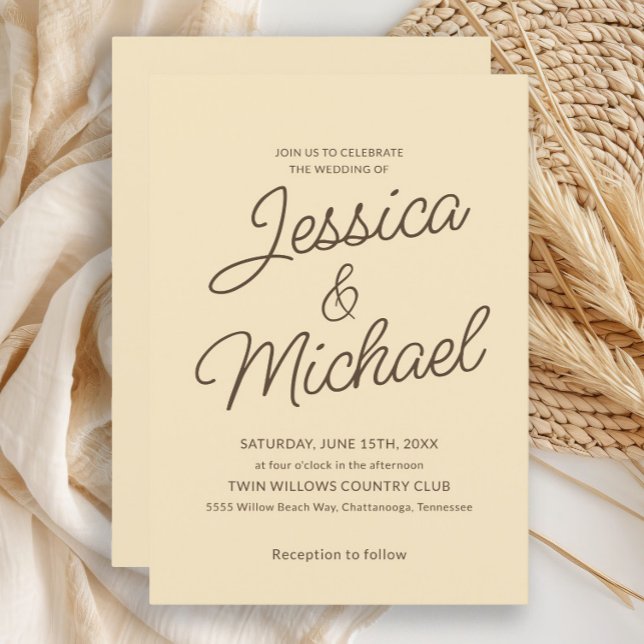 Convite Casamento de Script Castanho Amarelo-Amarelo-Mante (Butter yellow wedding invitation)