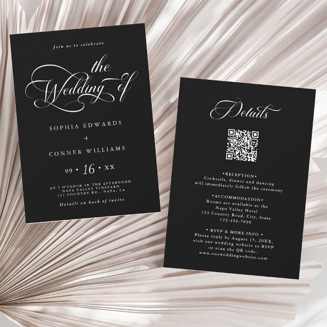 Convite Casamento de Script Charm Elegante Tudo em Um Pret (Front & Back)