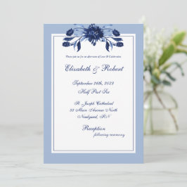 Convite Casamento de Script Chic Floral Azul Elegante