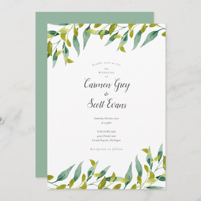 Convite Casamento de Script Chic Moderno Elegante Greenery (Frente/Verso)