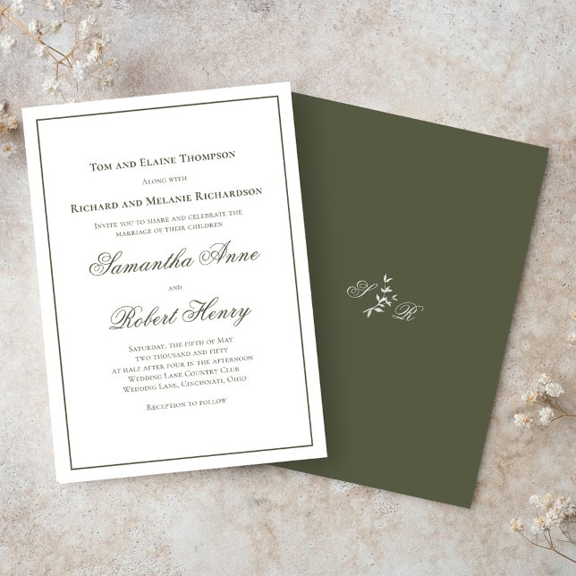Convite Casamento de Script Clássico de Caligrafia Verde (Classic green elegant wedding invitations. )
