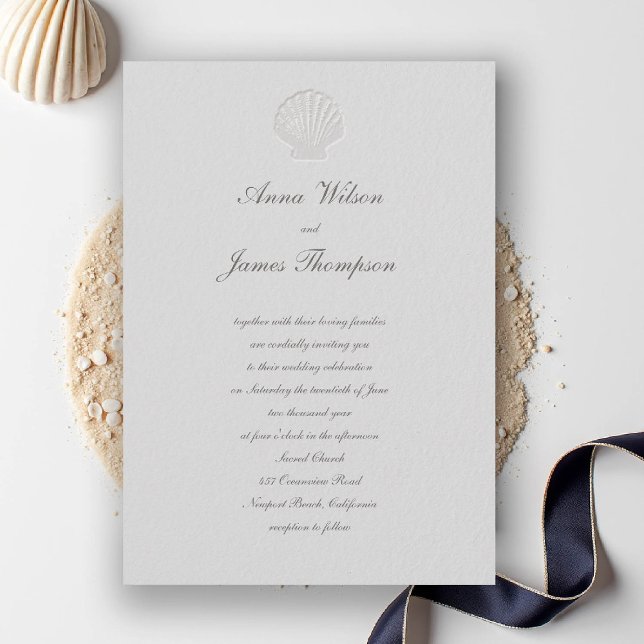 Convite Casamento de Script Clássico de Seashell Náutico C (nautical coastal wedding invitation modern classic formal traditional script elegant shell ivory)