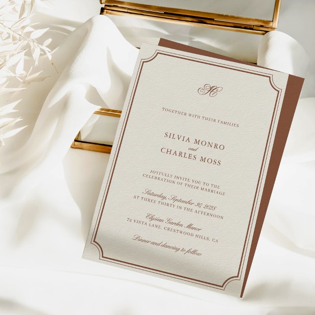 Convite Casamento de Script Clássico Elegante Brown & Ecru (Elegant Brown & Ecru Classic Script Wedding Invitation)