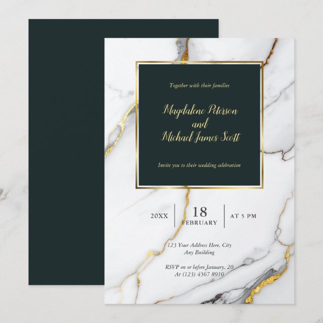 Convite Casamento de Script Clássico Marble Preto e Dourad (Frente/Verso)