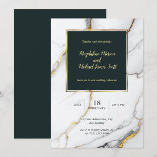 Convite Casamento de Script Clássico Marble Preto e Dourad