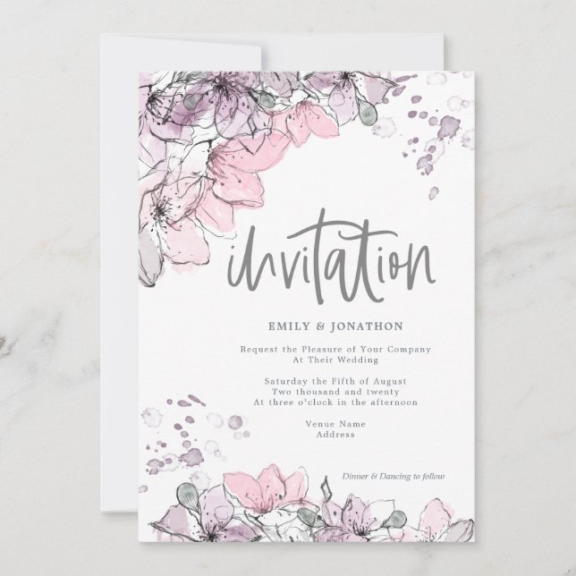 Convite Casamento de Script de Abertura Lilac Lilac Floral (Frente)
