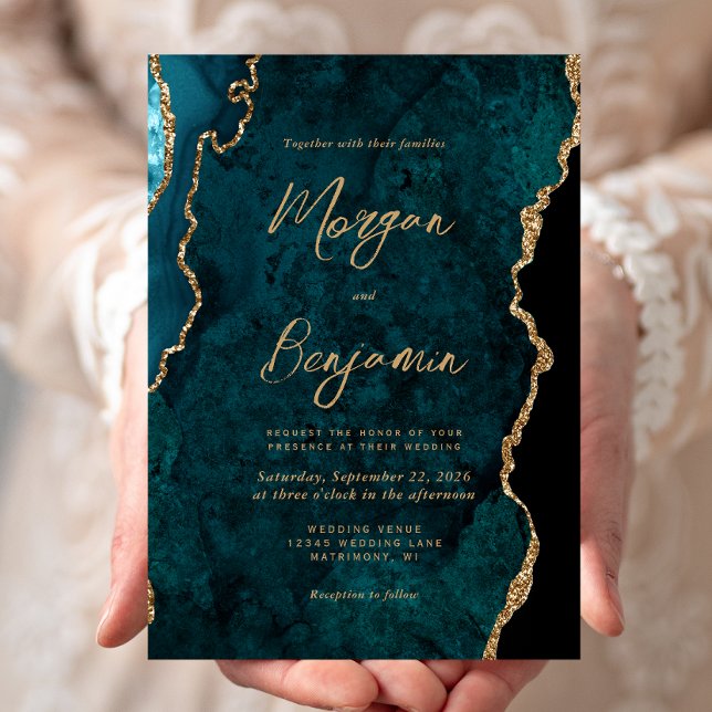 Convite Casamento de Script de Agata Azul-Teal Moderno (Criador carregado)