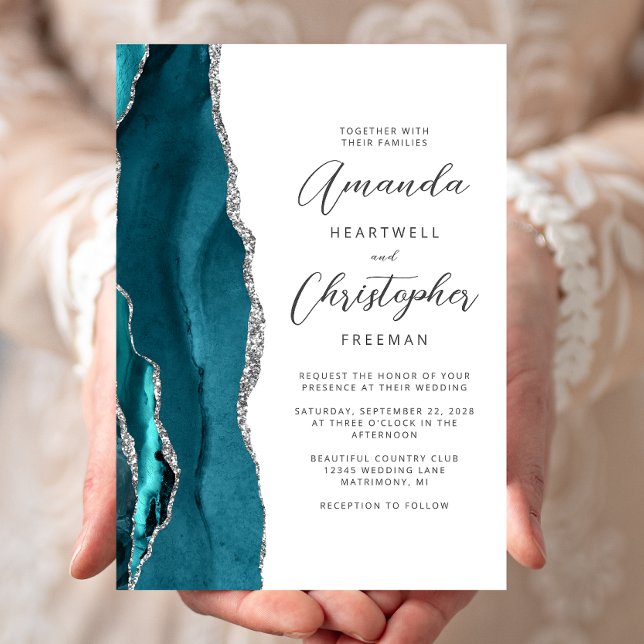 Convite Casamento de Script de Agata de Teal Silver Elegan (Criador carregado)