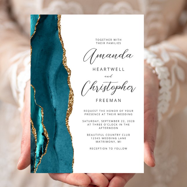 Convite Casamento de Script de Agata Dourada de Teal Elega (Criador carregado)