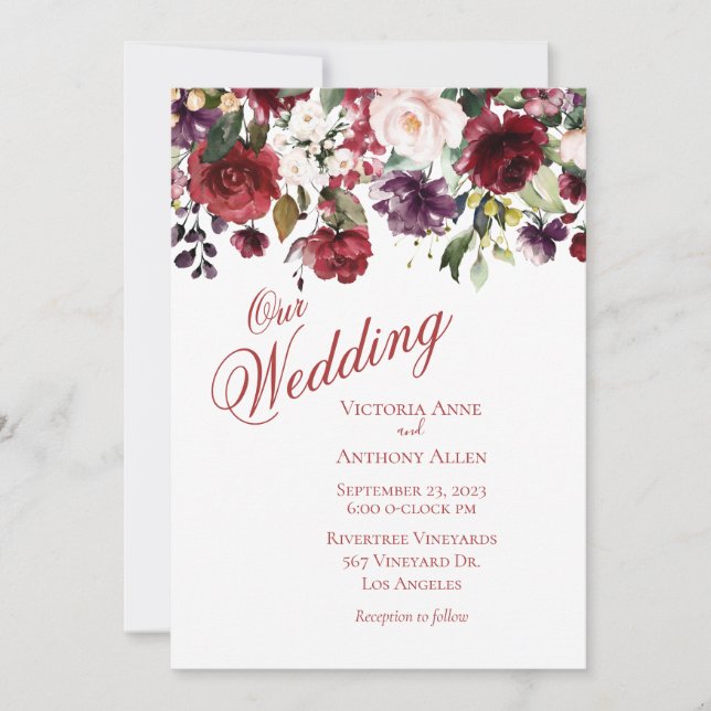 Convite Casamento de Script de Aquarela Floral Blush Burgu (Frente)