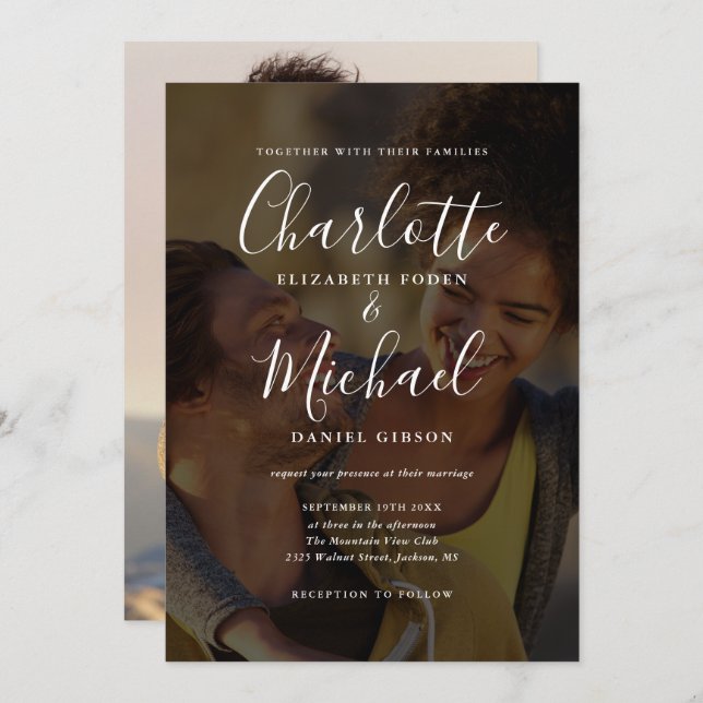 Convite Casamento de Script de Assinatura de Foto Elegante (Frente/Verso)