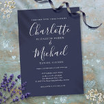 Convite Casamento de Script de Assinatura Elegante Azul-ma<br><div class="desc">Convite de casamento para assinatura azul de marinho elegante com nomes de estilo de assinatura,  este convite de casamento de na moda pode ser personalizado com suas informações em caracteres brancos. Projetado por Thisnotme©</div>