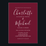 Convite Casamento de Script de Assinatura Elegante Burgund<br><div class="desc">O convite de casamento para assinatura de burgundy elegante, com nomes de estilo de assinatura, este convite para casamento branco e de na moda burgundy pode ser personalizado com os detalhes do seu casamento em letras brancas. Você pode personalizar o fundo para a sua cor favorita do tema do casamento....</div>