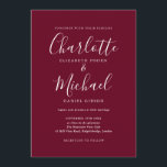 Convite Casamento de Script de Assinatura Elegante Burgund<br><div class="desc">O convite de casamento para assinatura de burgundy elegante, com nomes de estilo de assinatura, este convite para casamento branco e de na moda burgundy pode ser personalizado com os detalhes do seu casamento em letras brancas. Você pode personalizar o fundo para a sua cor favorita do tema do casamento....</div>