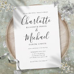 Convite Casamento De Script De Assinatura Elegante Preta E<br><div class="desc">Apresentando nomes de estilo de assinatura,  este elegante convite de casamento preto e branco pode ser personalizado com suas informações em caracteres quânticos. Projetado por Thisnotme©</div>