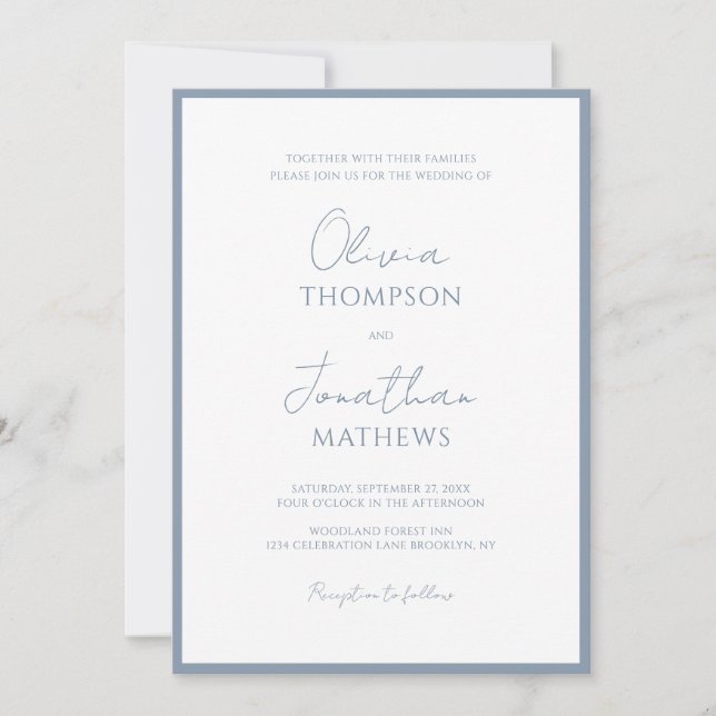 Convite Casamento de Script de Borda Azul Simples Dusty (Frente)