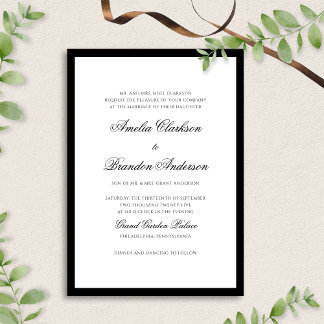 Convite Casamento de Script de Borda Branca e Preto Clássi