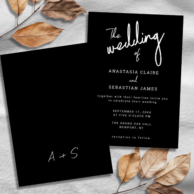 Convite Casamento de Script de Caligrafia Branca e Negra M (Modern Black and White Calligraphy Script Wedding Invitation)