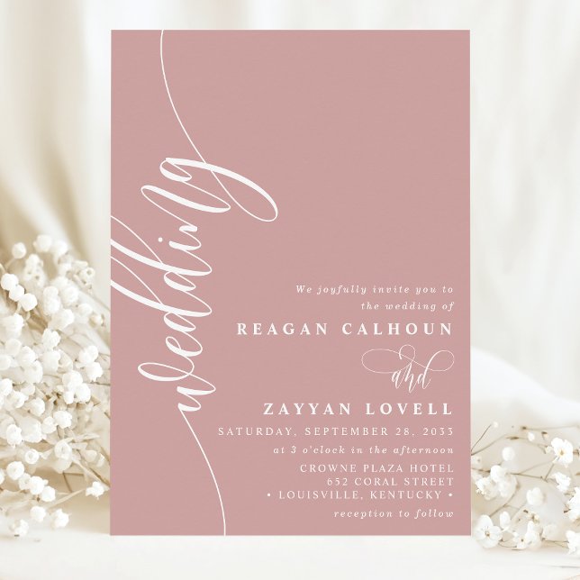 Convite Casamento de Script de Caligrafia Dusty Rosa Elega (Criador carregado)