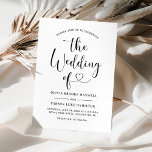Convite Casamento de Script de Caligrafia Moderna do Coraç<br><div class="desc">Os convites de casamento modernos preto e branco (cores podem ser modificadas) apresentam um design de tipografia na moda negra com roteiro de caligrafia e sotaque cardíaco. O texto personalizado simples e elegante que pode ser personalizado para convidar convidados a se juntarem às suas comemorações de casamento, incluindo os nomes...</div>