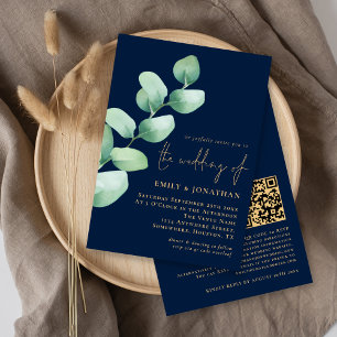 Convite Casamento de Script de Código QR Azul Dourado do E