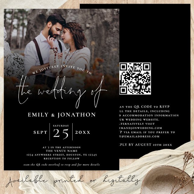 Convite Casamento de Script de Código QR de Foto Elegante  (Wedding invitation with custom photo black overlay and your QR code. Available digitally or printed)