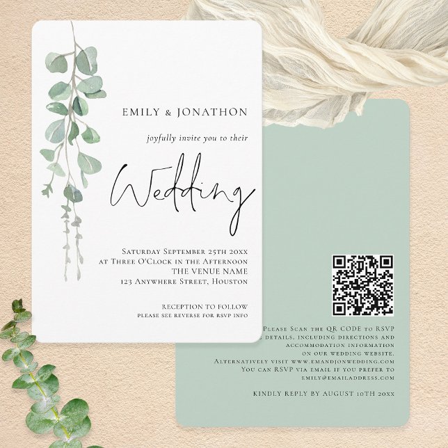 Convite Casamento de Script de Código QR do Eucalyptus Mod (Round corners - choose from 6 corner/edge different styles)