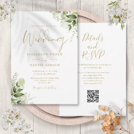 Convite Casamento de Script de Código QR Floral Dourado Gr