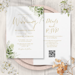 Convite Casamento de Script de Código QR Floral Dourado Gr