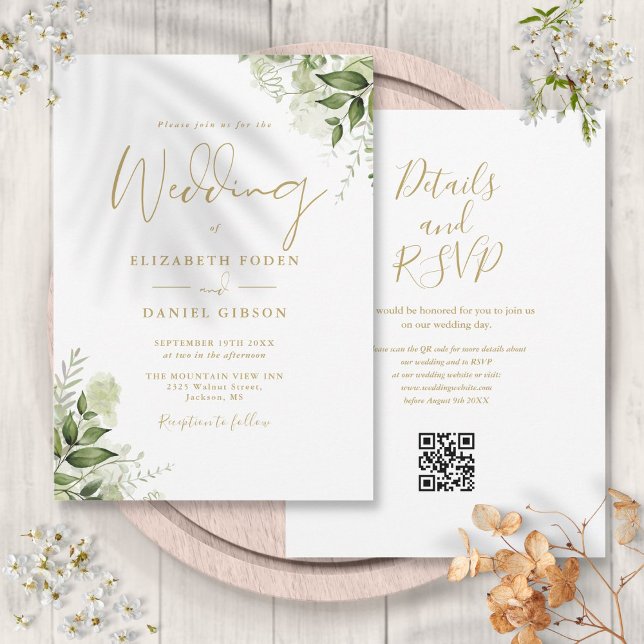 Convite Casamento de Script de Código QR Floral Dourado Gr (Gold Greenery Floral QR Code Script Wedding Invitation)