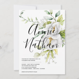 Convite Casamento de Script de Folhas Verdes Florais Branc