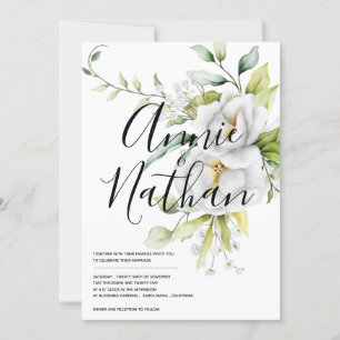 Convite Casamento de Script de Folhas Verdes Florais Branc