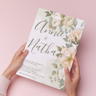 Convite Casamento de Script de Folhas Verdes Florais Branc