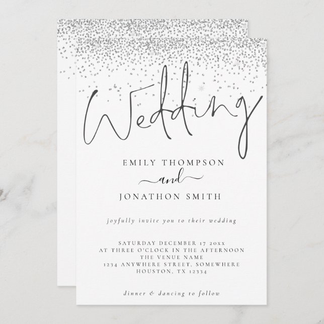Convite Casamento de Script de Fronteira de Glitter Silver (Frente/Verso)