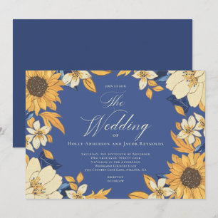 Convite Casamento de Script de Girassol de Cor Azul