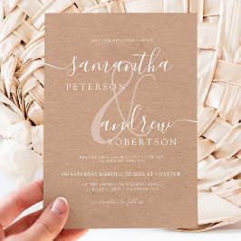 Convite Casamento de script de kraft minimalista branco mo
